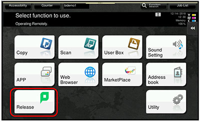 Main Menu for Konica Minolta Printer, with "Release" button highlighted