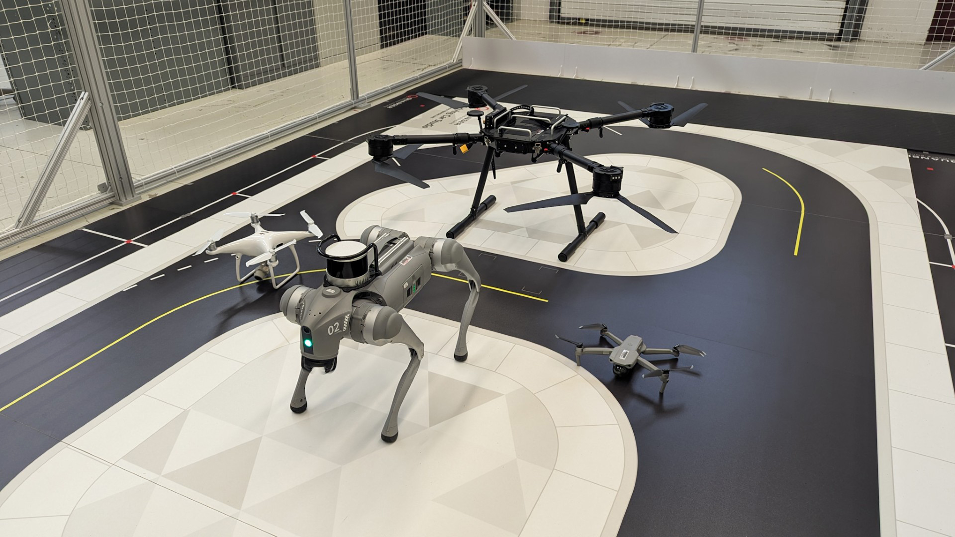 Robotic Dog E-Butch and three of three of the 25 drones in AAMU's new Unified Drone Unit